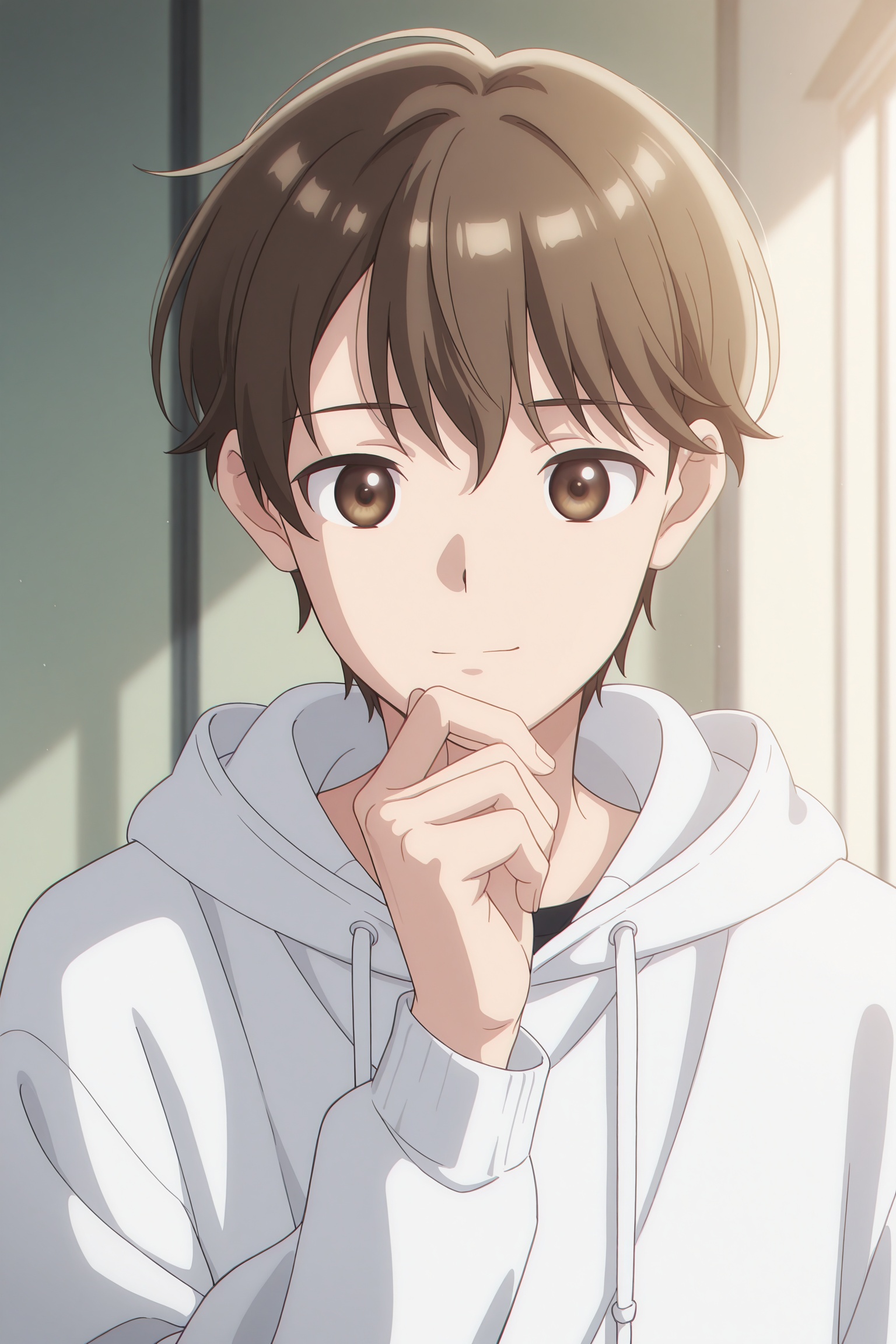 anime style thoughtful young male,  light black brown tousled hair,  warm brown eyes on Tensor.Art