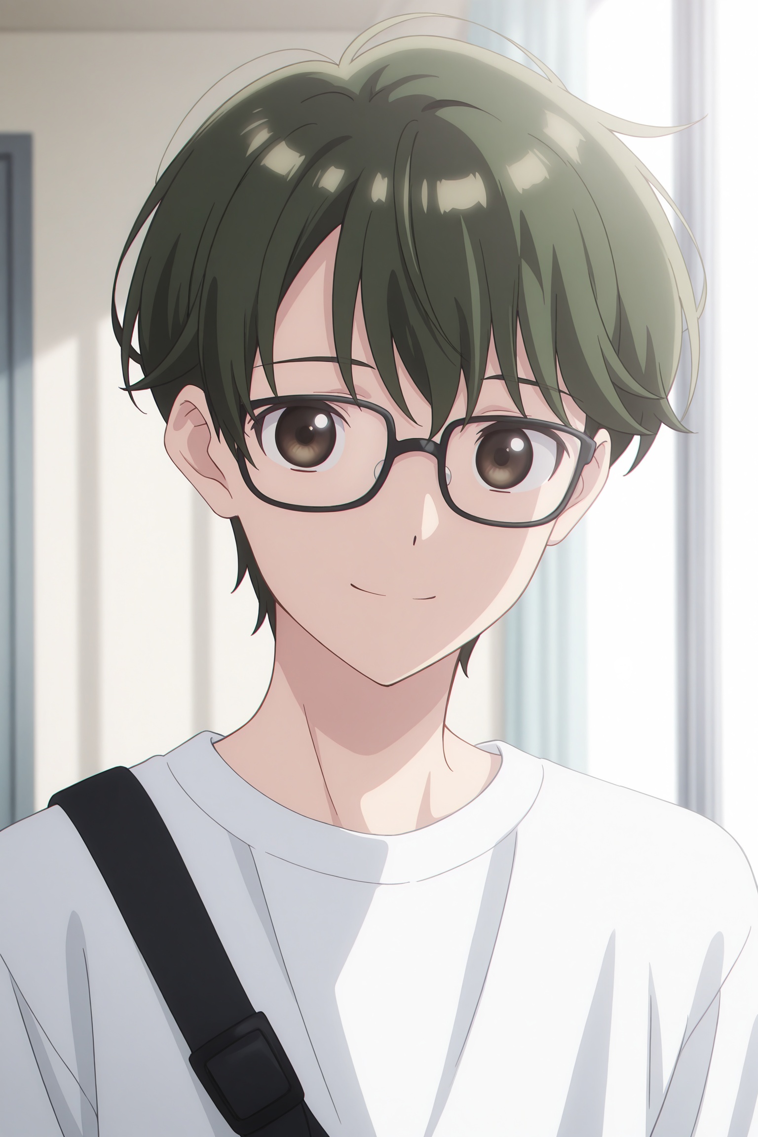 anime style close-up portrait,  young male,  short tousled dark green hair on Tensor.Art
