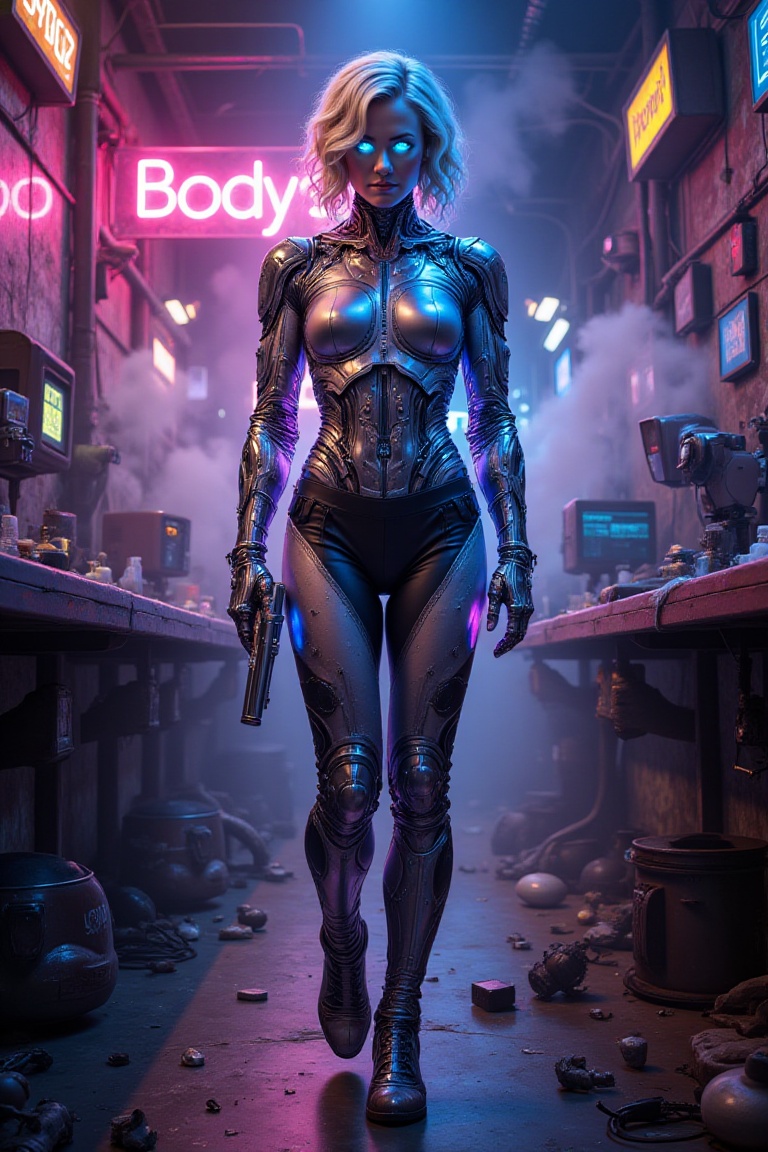 A captivating female cyborg in a grungy futuristic body shop,  a stark embodiment of humanity's fusion with technology. He...