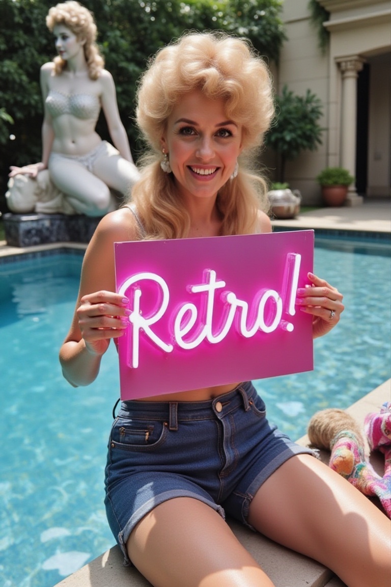 Cyborg Actress Donna Douglas holding a neon sign reading "Retro!",  no makeup,  wearing retro jean cutoffs on Tensor.Art