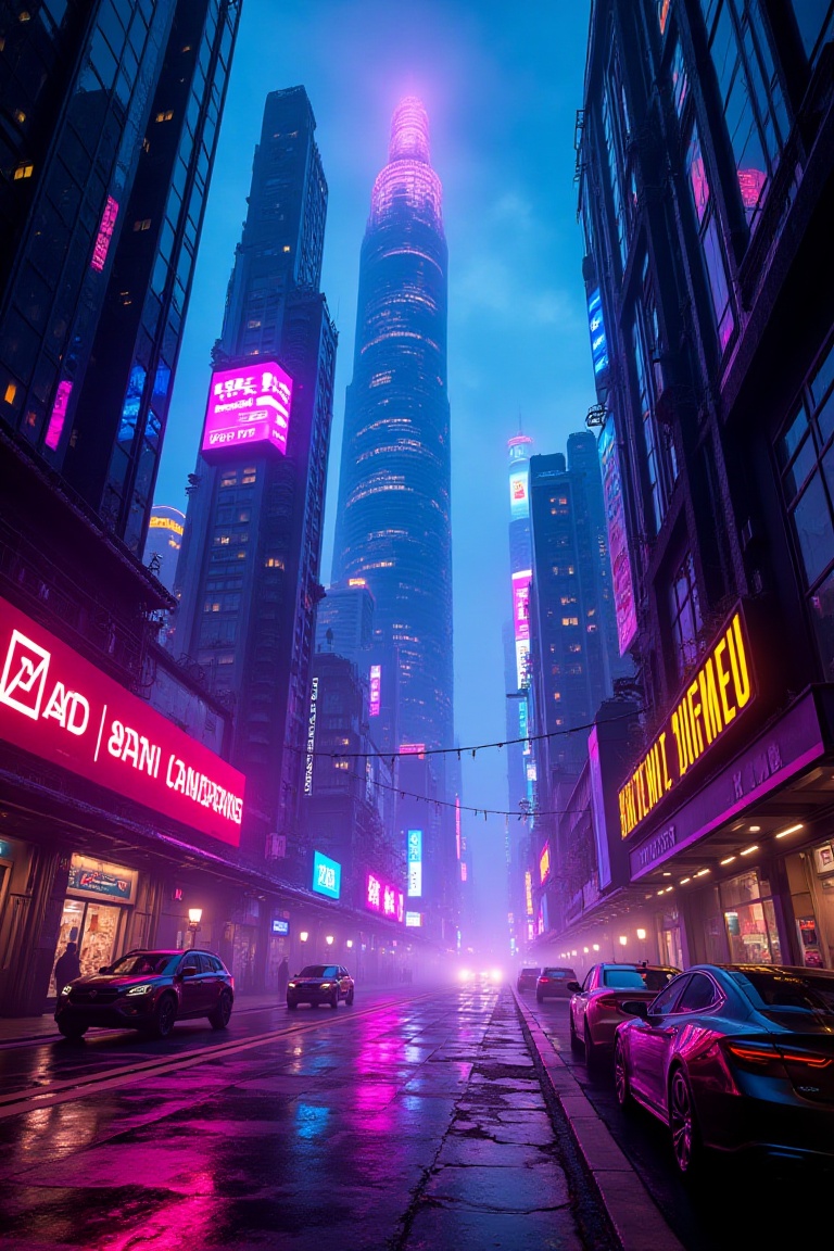 A cinematic view of a futuristic cyberpunk cityscape,  with neon lights casting vibrant hues across towering skyscrapers....