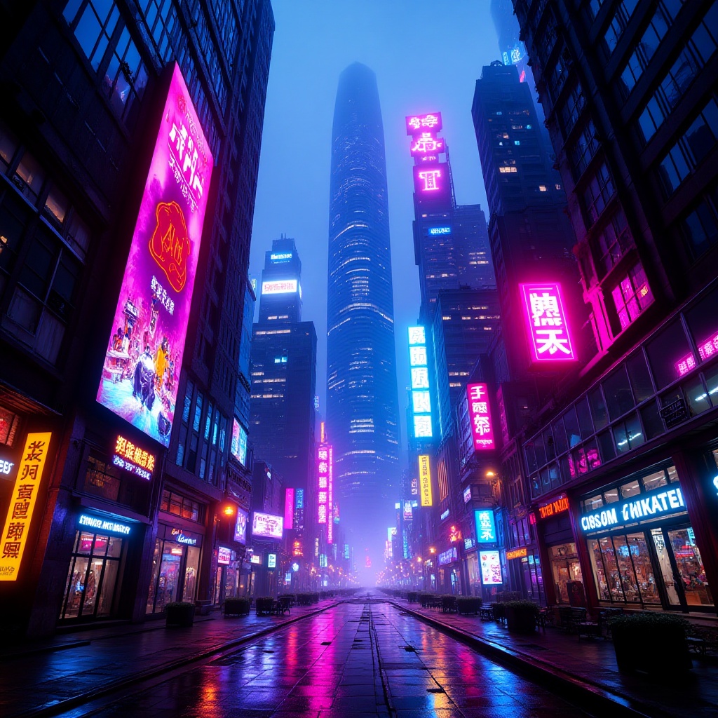 A cinematic view of a futuristic cyberpunk cityscape,  with neon lights casting vibrant hues across towering skyscrapers....