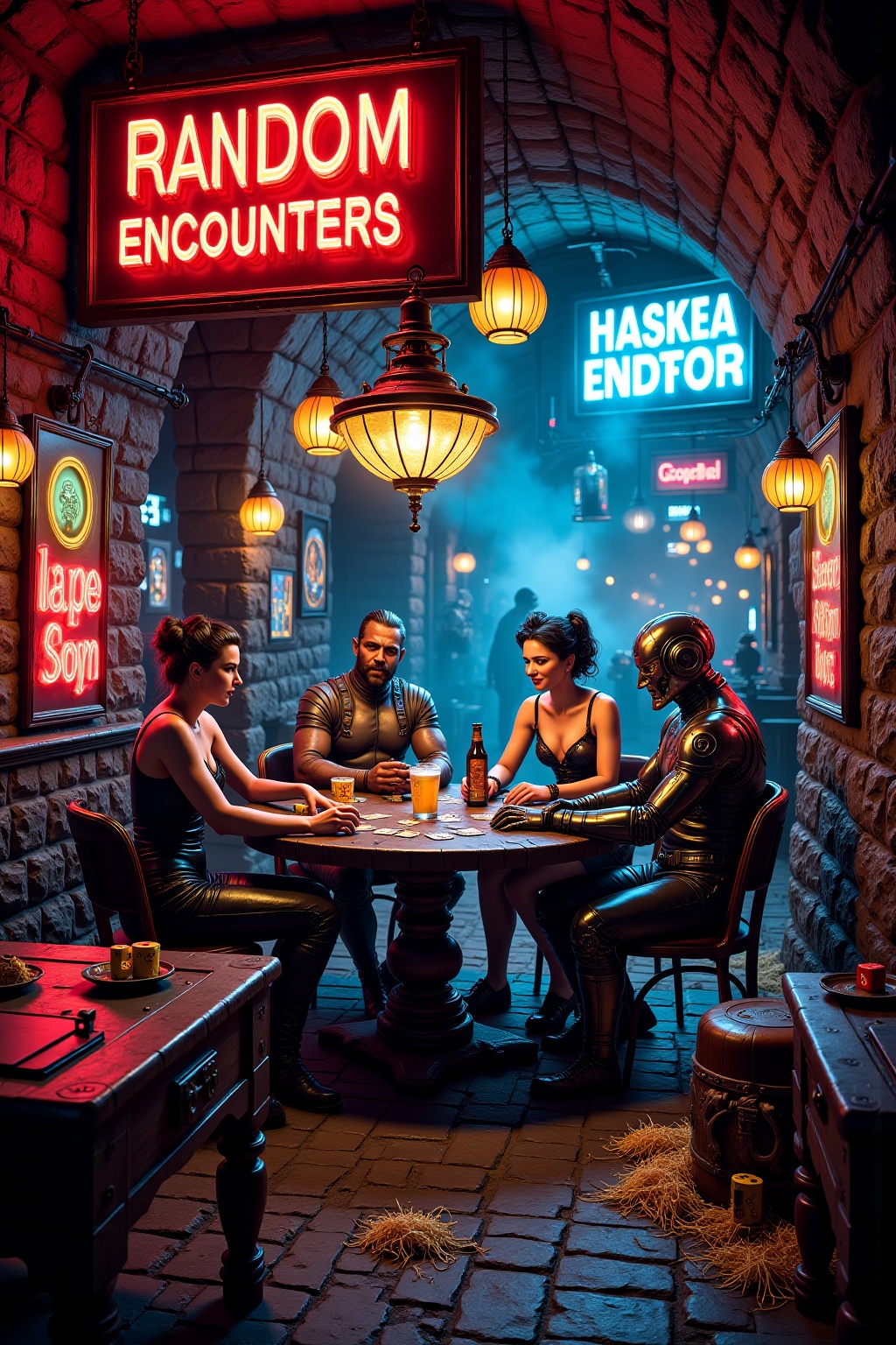 Ultra-realistic cinematic scene of a futuristic cyberpunk tavern bar,  epic fantasy,  poster art on Tensor.Art