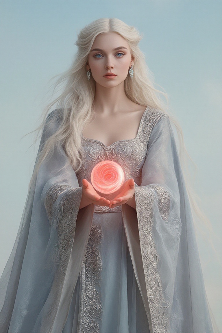 full shot of a young woman with long,  flowing,  white hair. She is dressed in a light on Tensor.Art