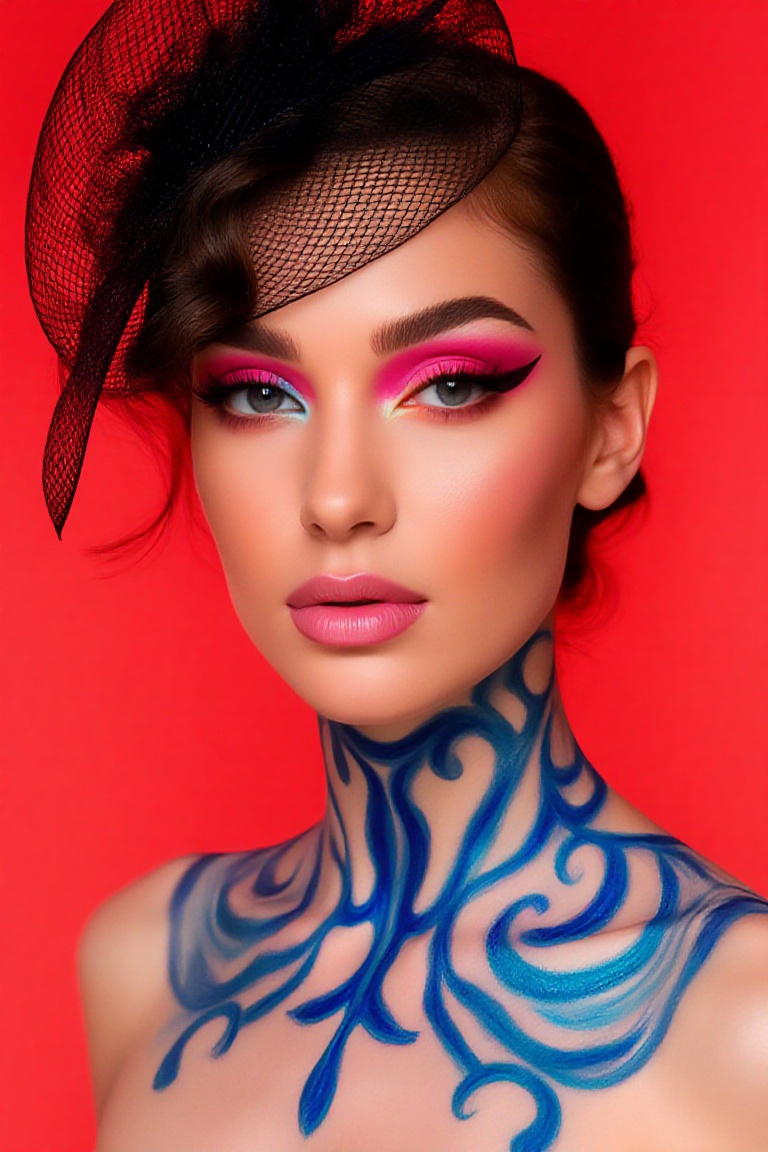 a woman with striking makeup and artistic body art. The woman has a vibrant,  colorful makeup look,  featuring a mix of br...