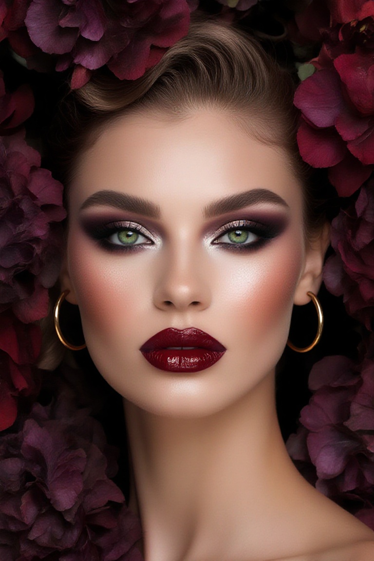 portrait of a woman with elaborate makeup and hairstyle. The woman has light skin,  striking green eyes,  and dramatic on...