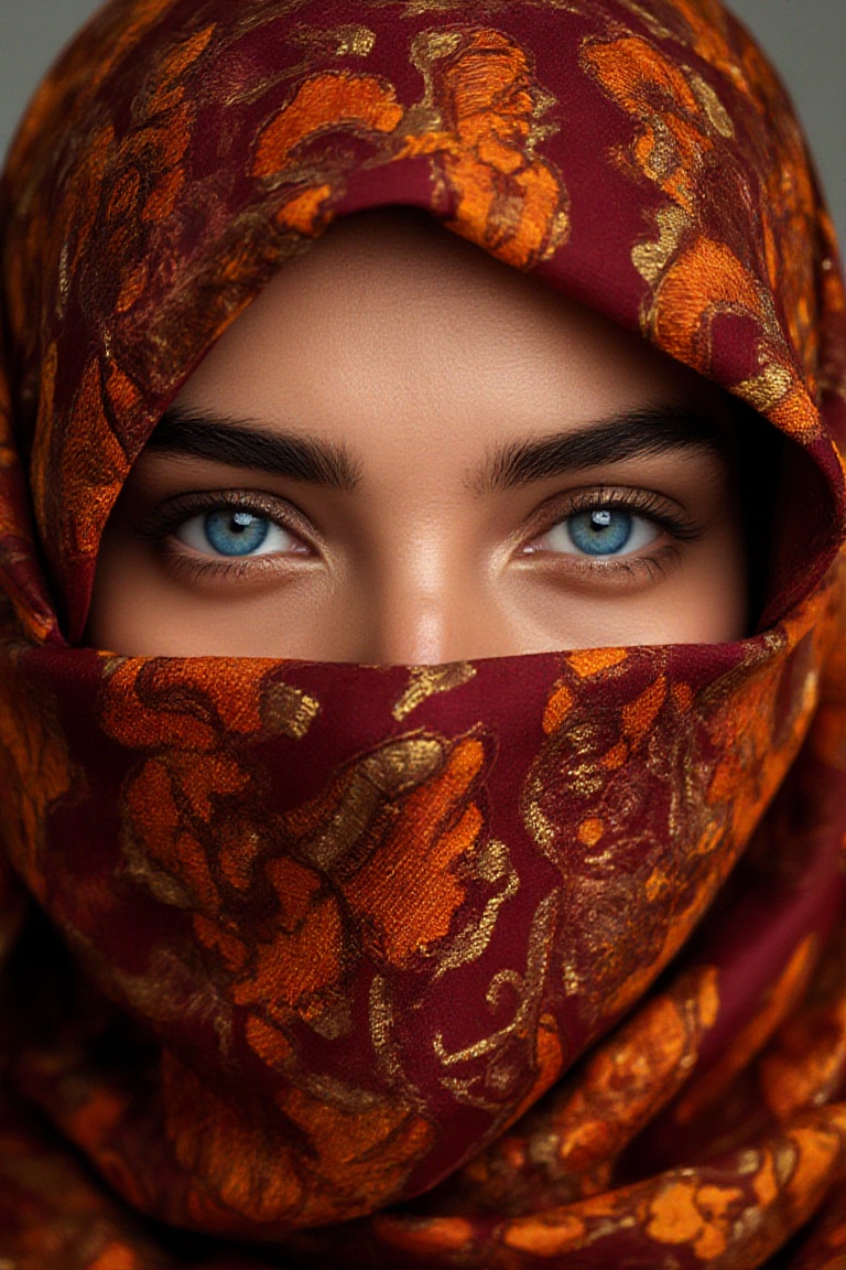 Close-up of a woman's face. A colorful,  patterned headscarf covers most of her face,  leaving only her eyes visible. The...