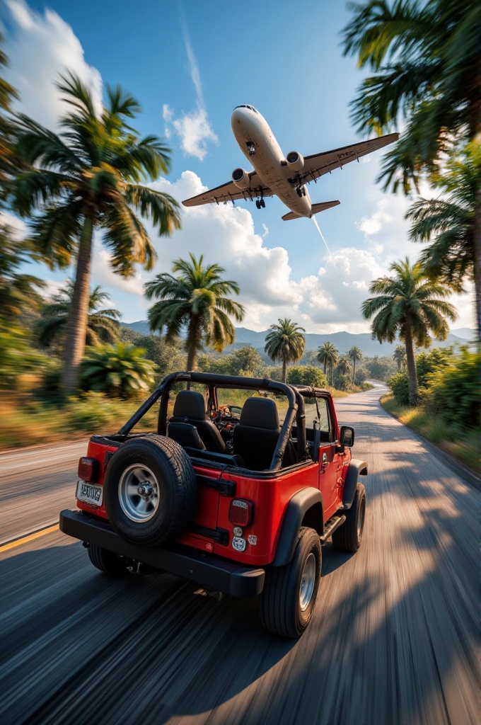 fx-speed,  red jeep driving through tropical road,  palm trees on Tensor.Art