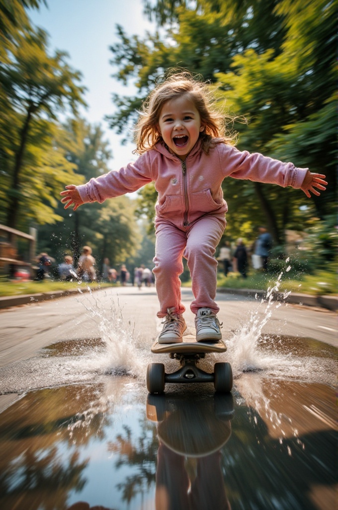 fx-speed,  young girl skateboarding through a park,  water splashes from puddle on Tensor.Art