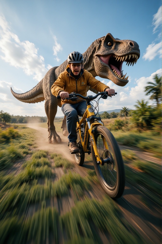 fx-speed,  a person riding a yellow bicycle at high speed across a vast grassy plain,  chased by a massive roaring T-Rex i...