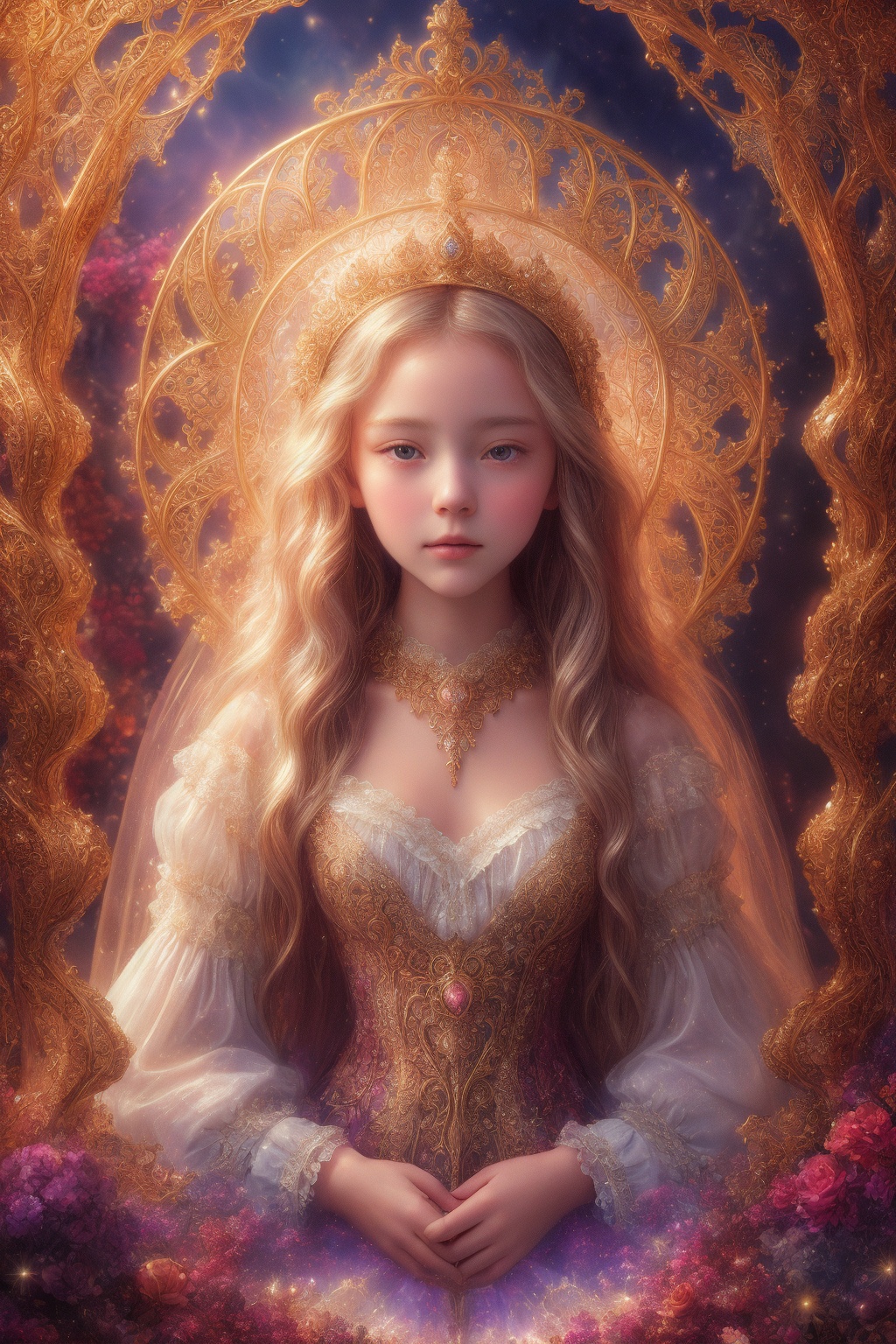 In a dreamlike realm reminiscent of Jean-Baptiste Monge's fantastical creations,  a lone maiden with hair cascading like a...