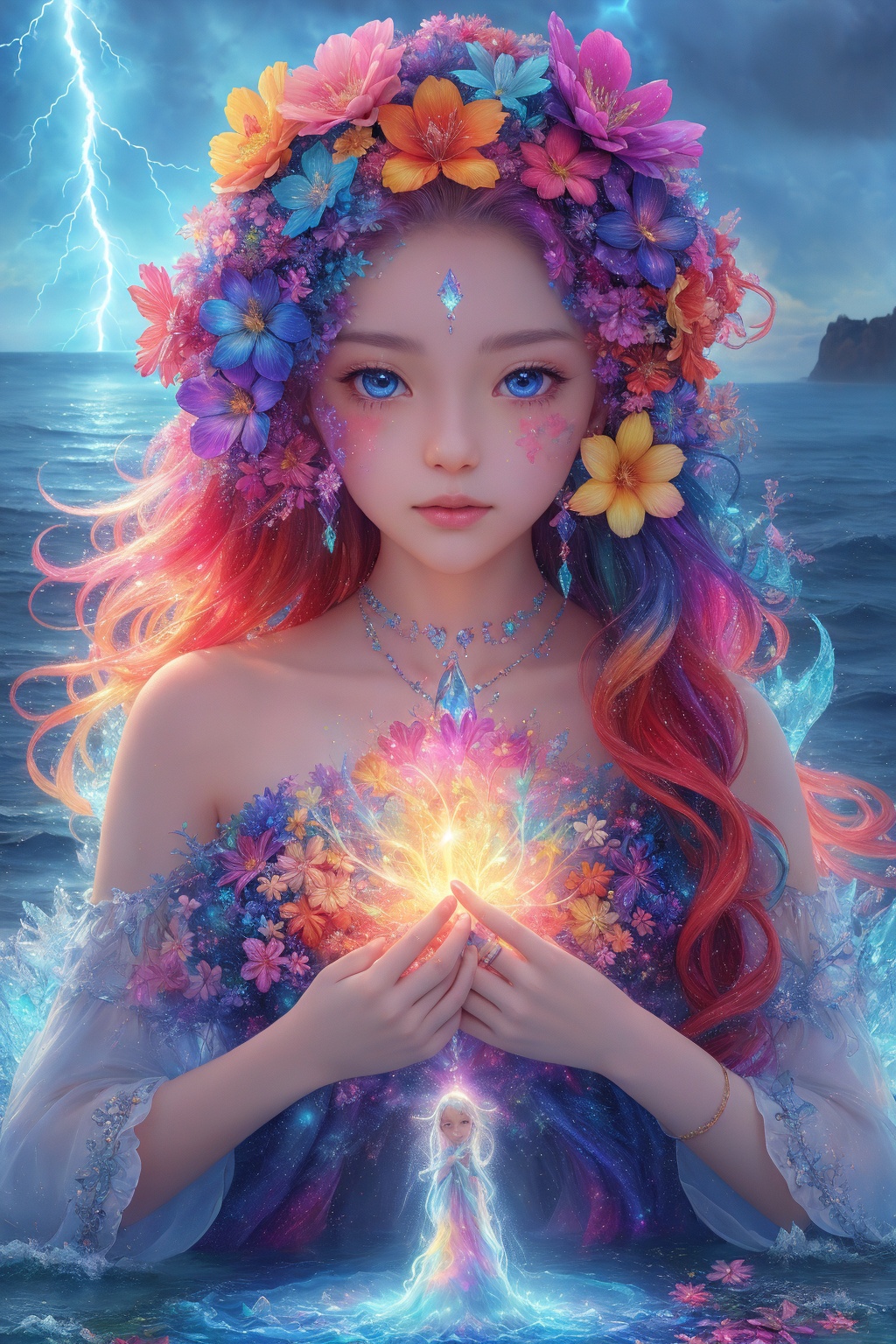 A breathtaking masterpiece of abstract fractal art,  showcasing a stunning 1-girl protagonist,  stands at the center of th...
