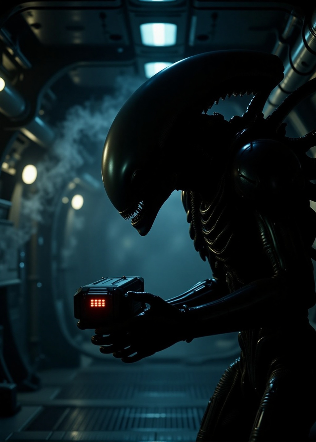 Revelation Space style. A low-angle,  close-up shot of a xenomorph-like alien,  its sleek on Tensor.Art