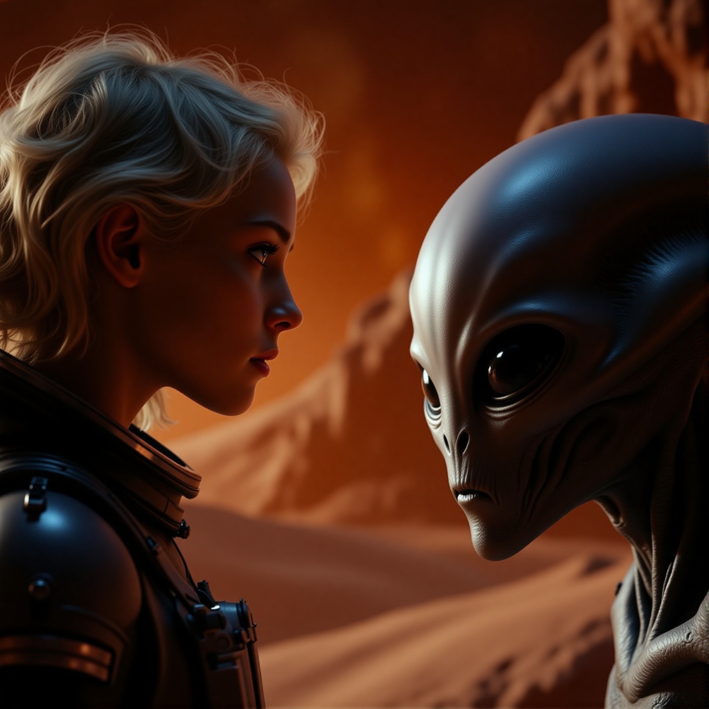 Revelation Space style. A dramatic,  cinematic profile shot. A stunning young girl astronaut with striking features and de...