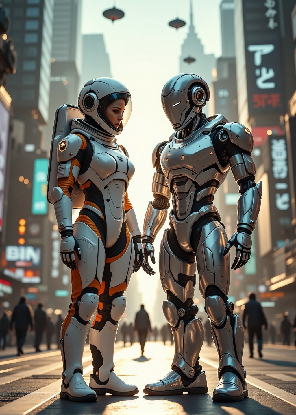 A full-body shot of a female astronaut in a sleek white and orange spacesuit,  standing next to a highly-detailed,  silver...