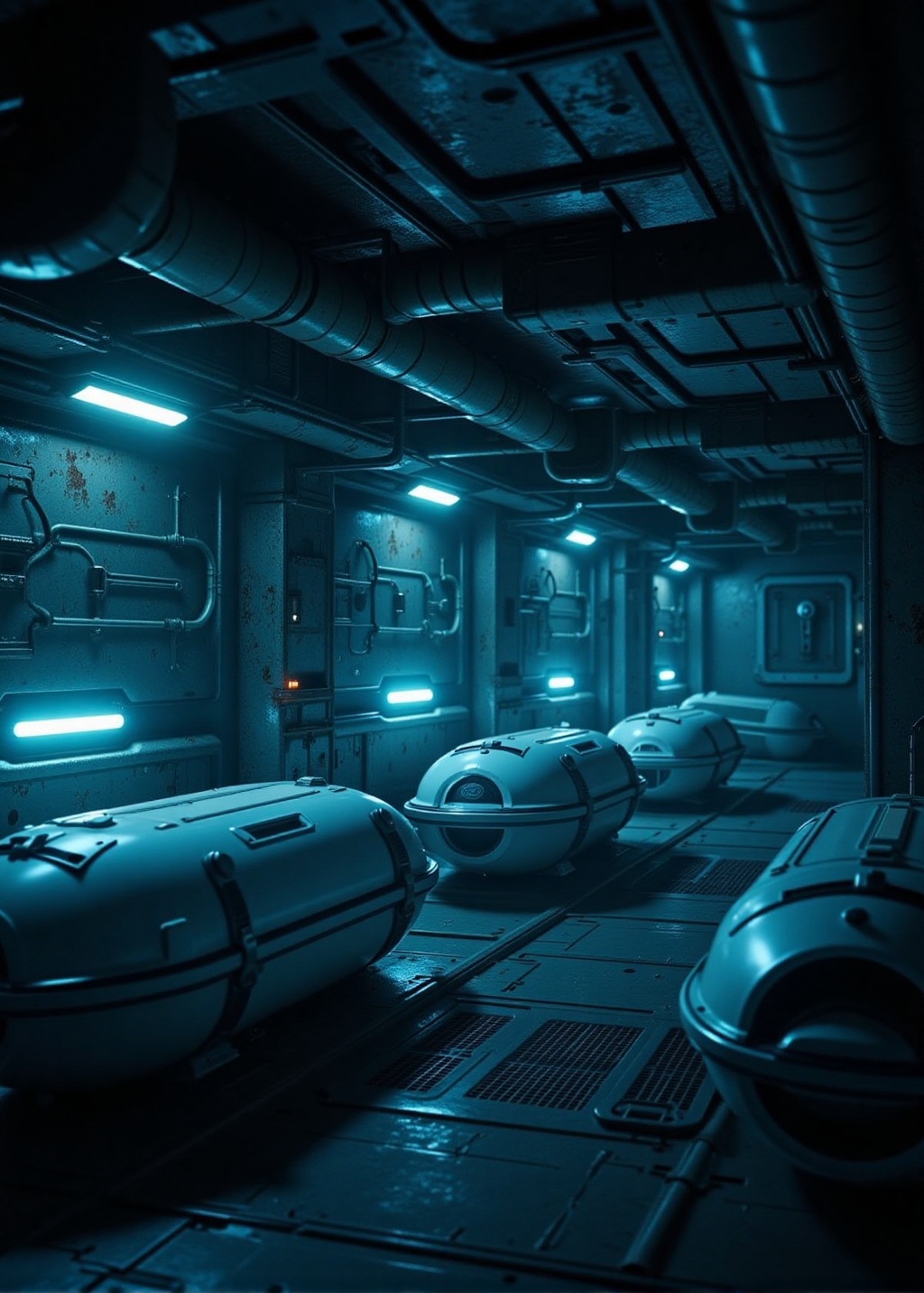 Revelation Space style. A photorealistic,  cinematic shot inside a generation ship's cryo-sleep bay. The scene is hyperrea...