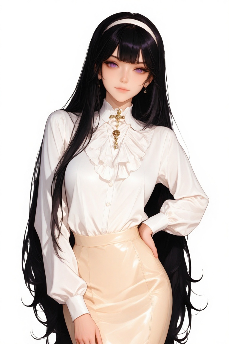 A young girl with long black hair and purple eyes. she is wearing a white blouse with a ruffled collar and a beige skirt....