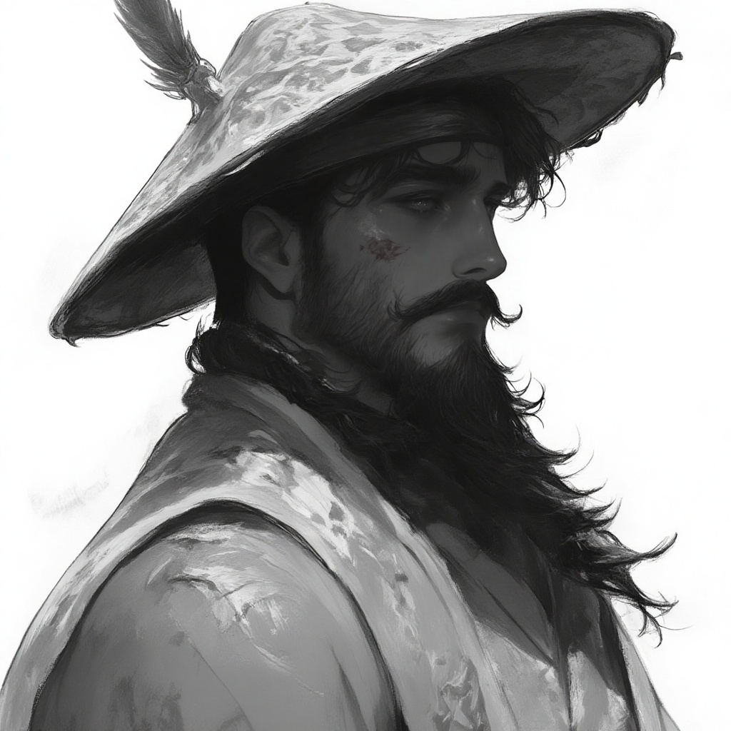 It features a character with a prominent beard and mustache,  dressed in traditional attire that includes a wide-brimmed h...