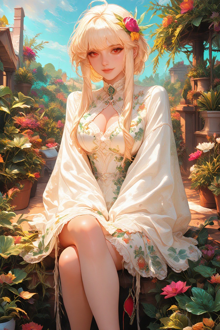 She is dressed in a white outfit adorned with colorful flowers,  adding to her ethereal appearance. The backdrop features...