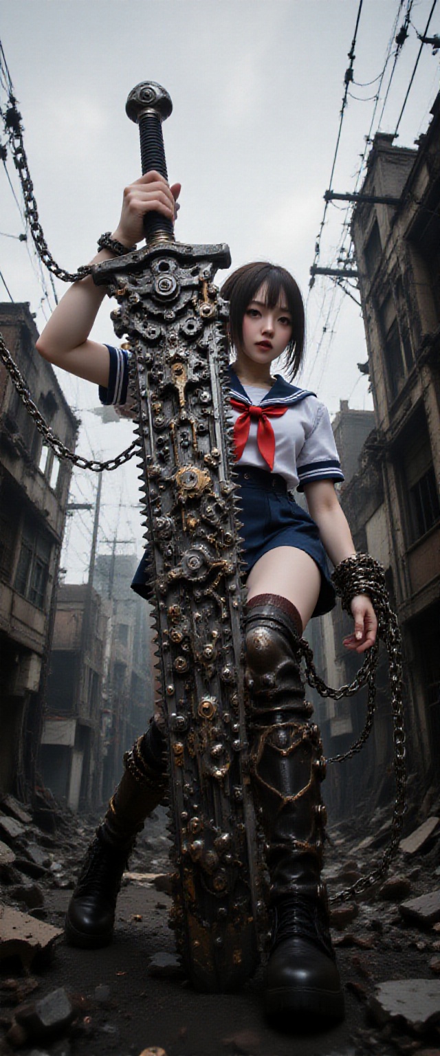 a commanding figure of a Japanese girl in a sailor school uniform miniskirt stands in a dystopian urban setting,  ((wieldi...