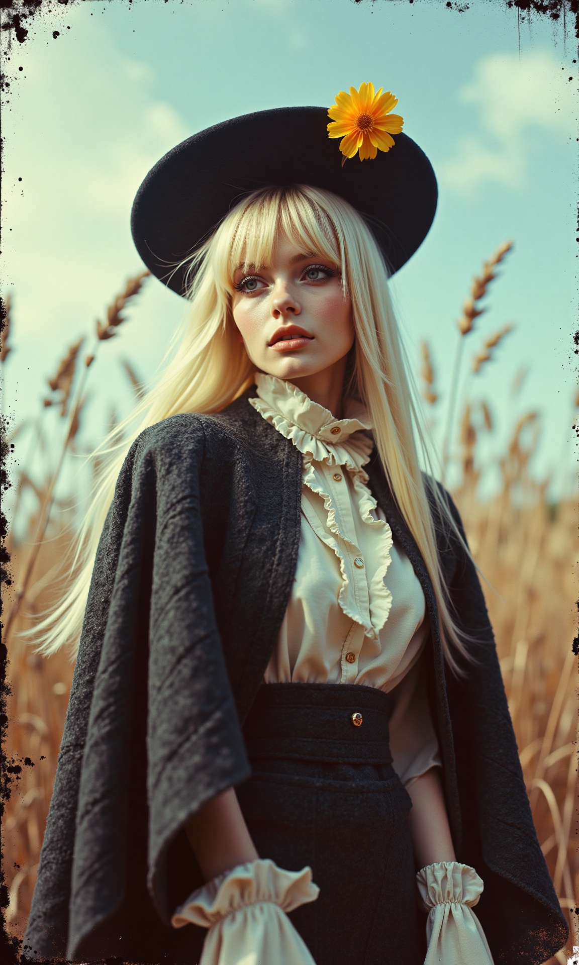 Create an image of a young female subject with a strikingly pale complexion and long,  platinum blonde hair styled in a fa...