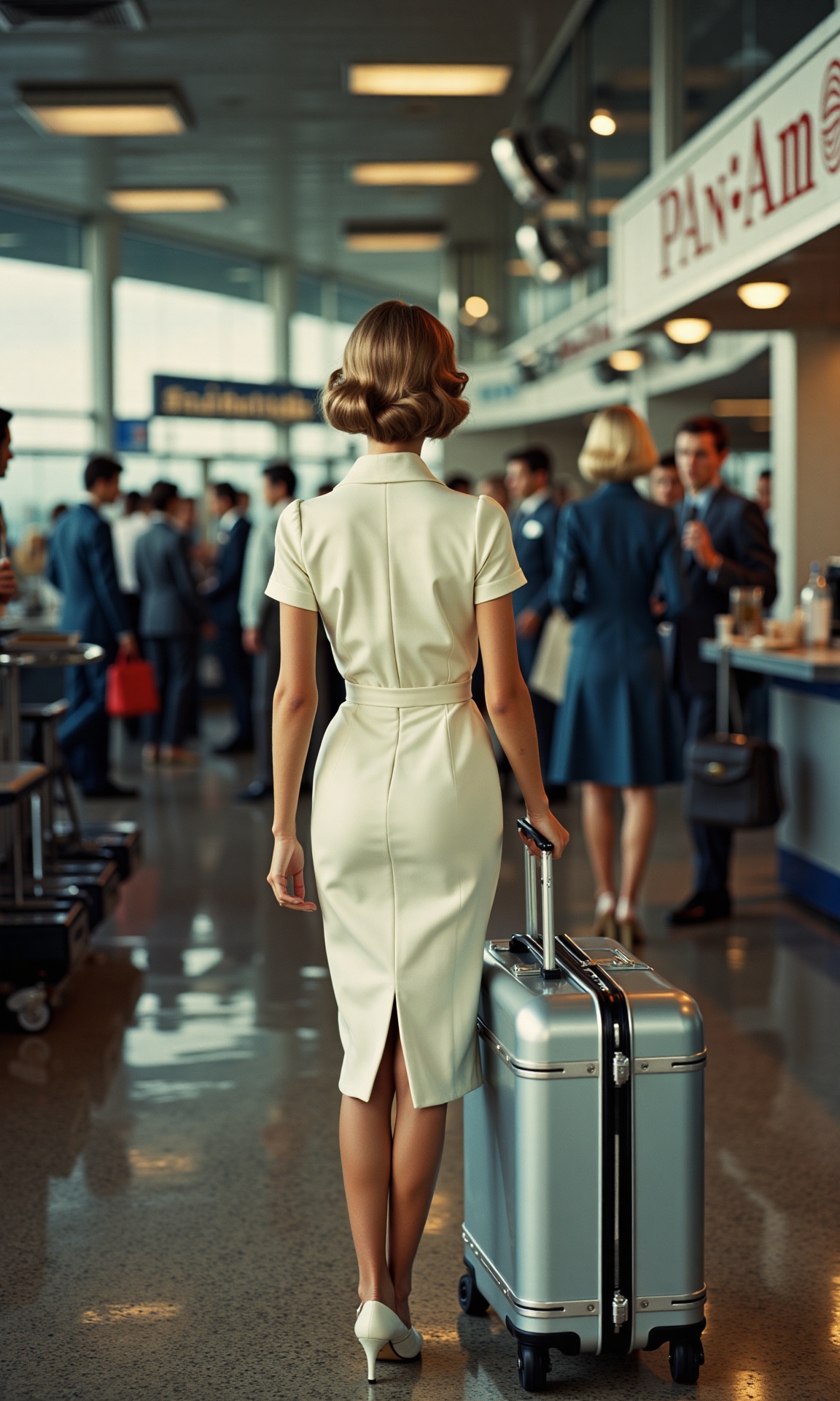 It's 1960,  and we're at JFK Airport during rush hour in New York City. A bustling airport terminal is our backdrop as a l...