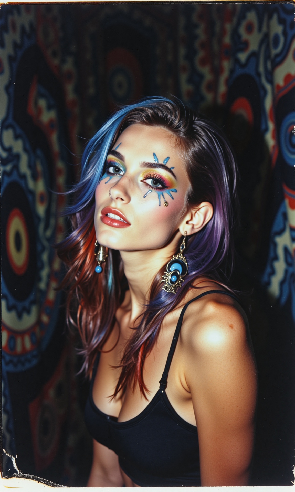 A low-quality,  ******* photograph from the 1990s of a woman with a vibrant,  artistic makeup style reminiscent of the psy...