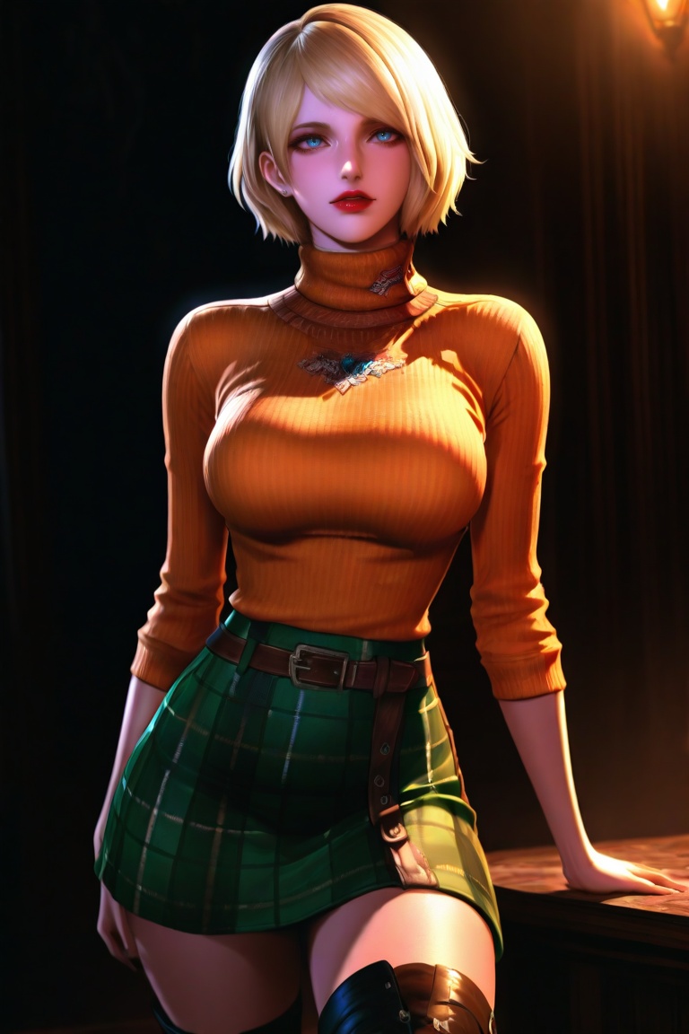 Ashley Graham stands in a Resident Evil 4 game scene,  wearing an orange turtleneck t-shirt,  a green plaid skirt on Tenso...