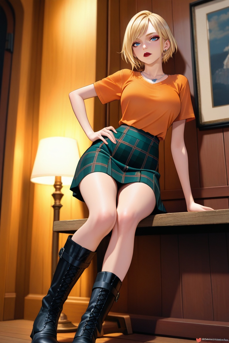 Eye-level shot of a 3D rendered blonde woman seated on a wooden bench. She wears an orange t-shirt,  green plaid skirt,  s...
