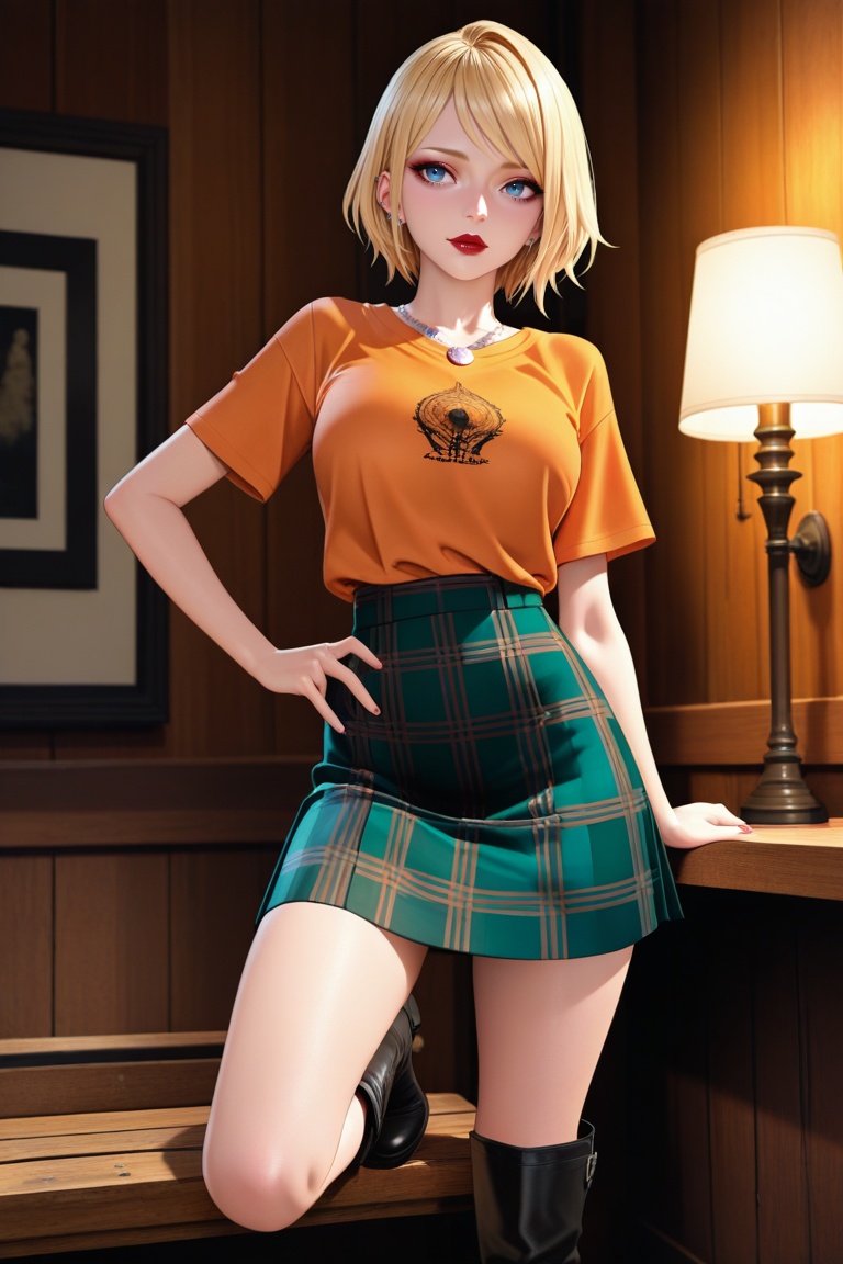 Eye-level shot of a 3D rendered blonde woman seated on a wooden bench. She wears an orange t-shirt,  green plaid skirt,  s...