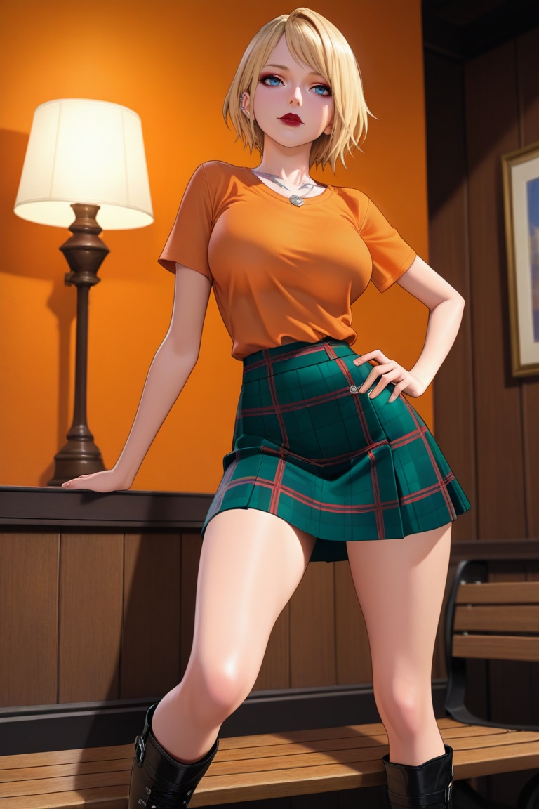Eye-level shot of a 3D rendered blonde woman seated on a wooden bench. She wears an orange t-shirt,  green plaid skirt,  s...