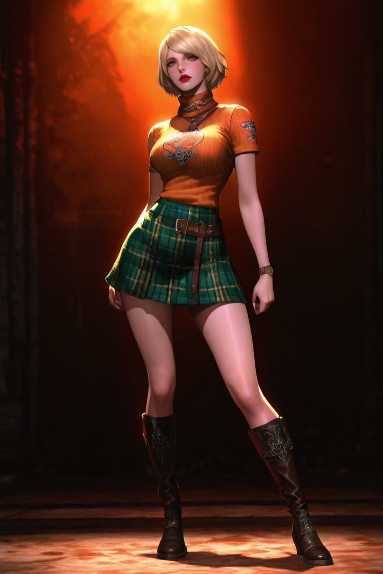 Ashley Graham stands in a Resident Evil 4 game scene,  wearing an orange turtleneck t-shirt,  a green plaid skirt on Tenso...