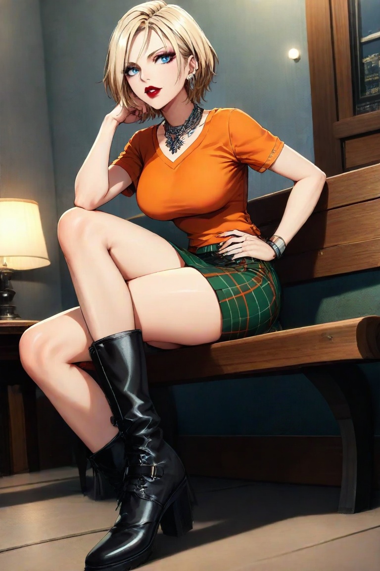 Eye-level shot of a 3D rendered blonde woman seated on a wooden bench. She wears an orange t-shirt,  green plaid skirt,  s...