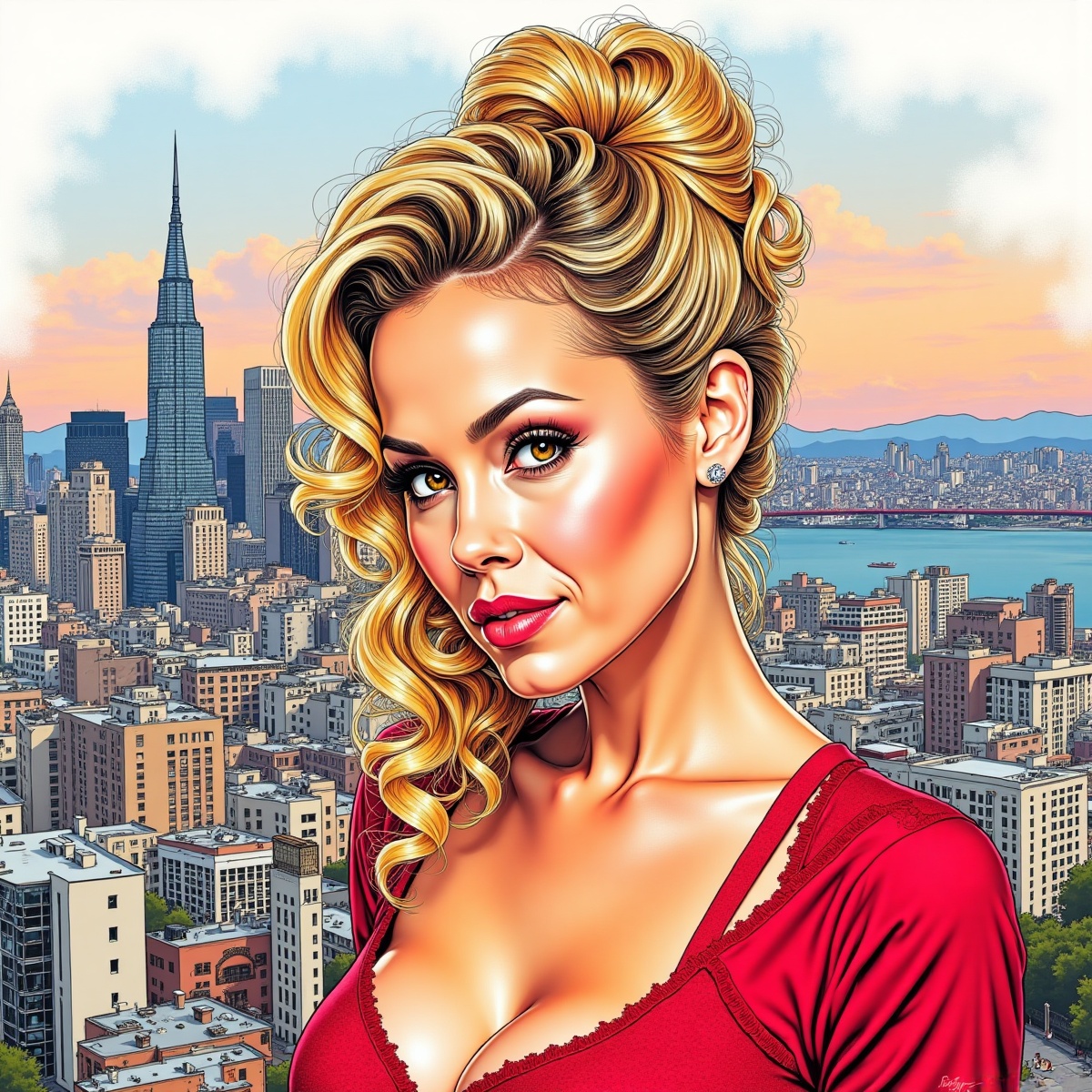 Try this prompt: A color ink artwork of a beautiful woman as Phoebe Halliwall,  the amazing cityscape of San Francisco as...
