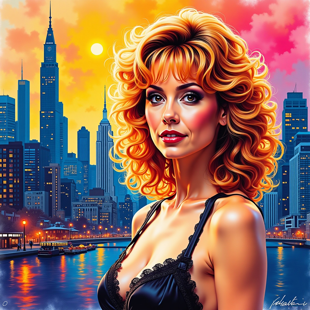 Try this prompt: A colorful ink painting of a beautiful woman as Phoebe Halliwall,  the amazing cityscape of SF as backgro...