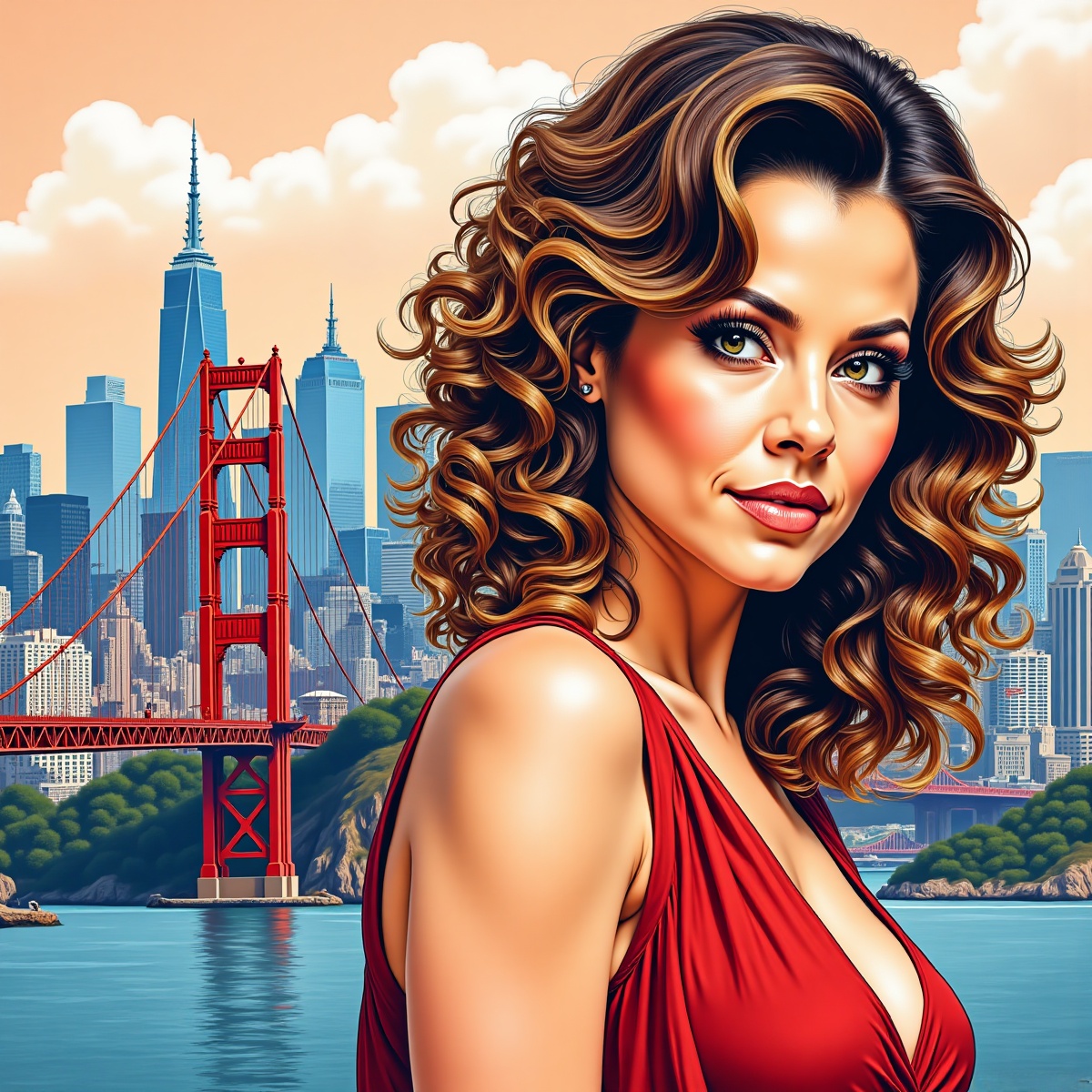 A color ink artwork of the beautiful young Alyssa Milano as Phoebe Halliwall,  the amazing cityscape of San Francisco as b...