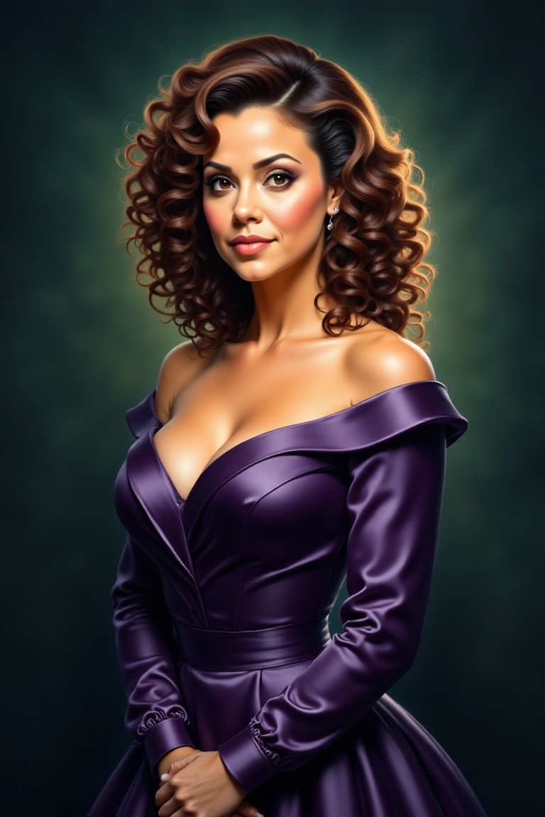 Portrait of a Alyssa Milano with voluminous curly hair cascading over shoulders,  light and dark tones in gradient,  tight...