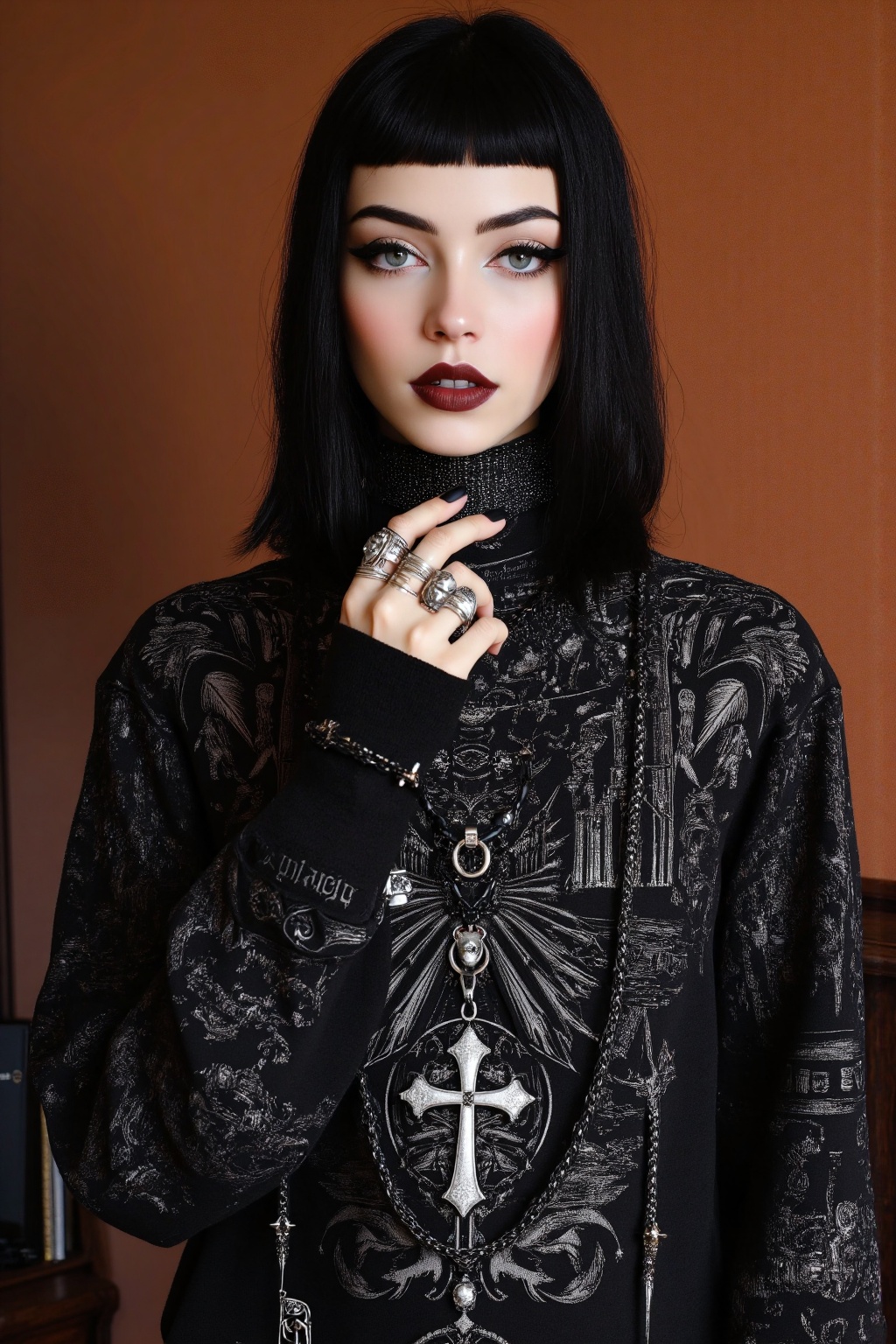 A young gothic oracle stands alone before a smooth,  rust-colored wall,  her gaze contemplative and mysterious on Tensor.Art