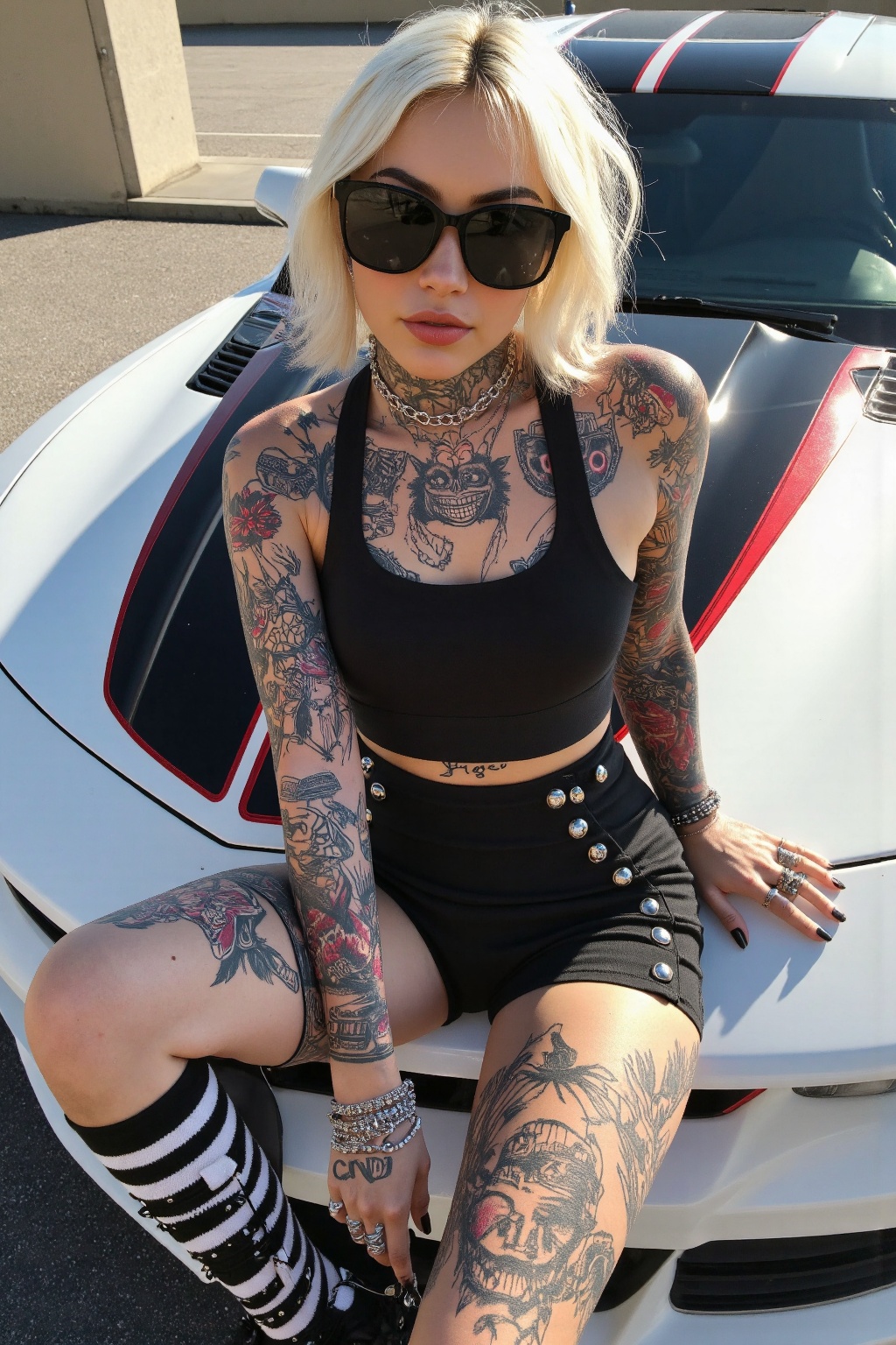 An alternative punk girl poses confidently outdoors in front of a white sports car with bold black and red racing stripes....