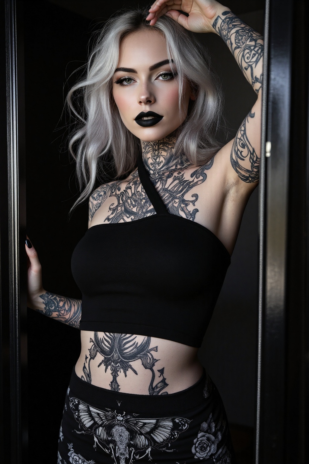 A gothic alternative woman posing in a minimalistic indoor setting with a dark,  moody background. The composition is a ve...