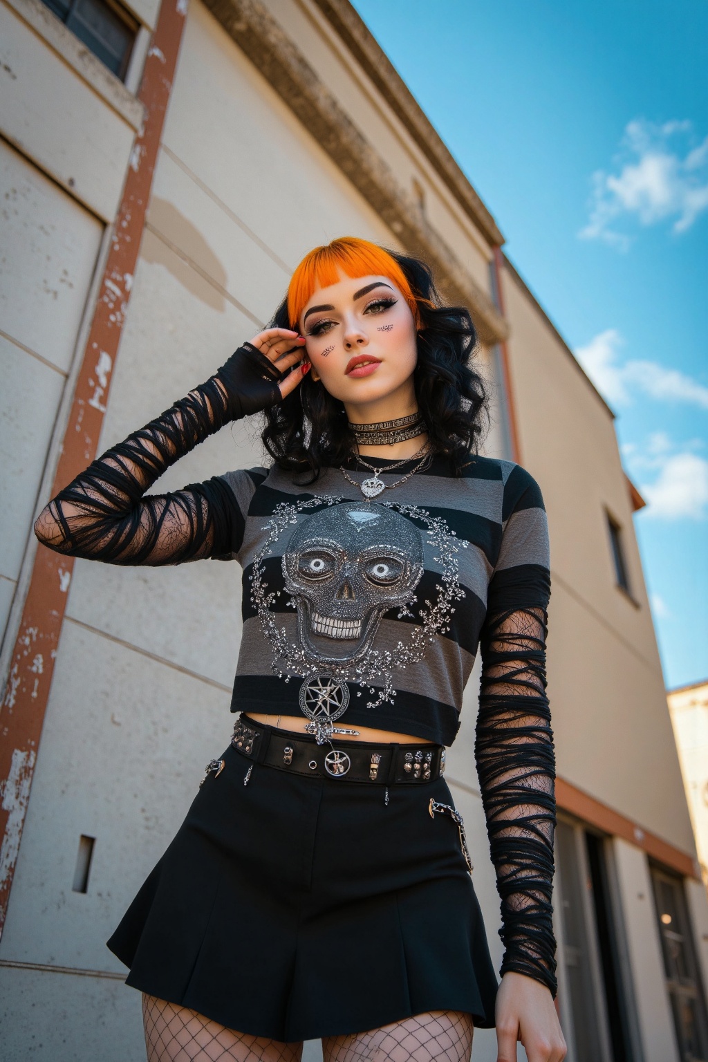 A punk-inspired alternative woman standing outdoors under a vivid blue sky,  captured from a low-angle perspective that em...