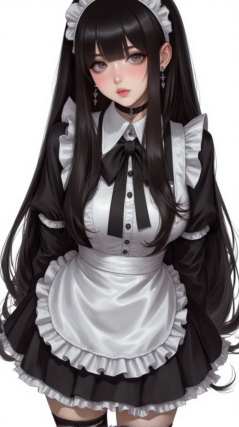 a woman dressed in a maid outfit is stunning. She is wearing a black and white maid outfit,  adorned with a black bow tie,...