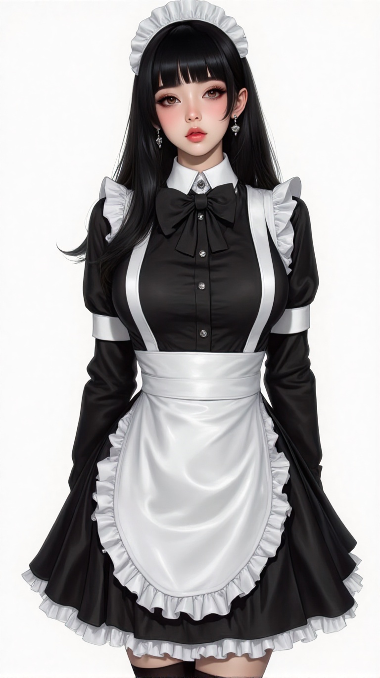 a woman dressed in a maid outfit is stunning. She is wearing a black and white maid outfit,  adorned with a black bow tie,...