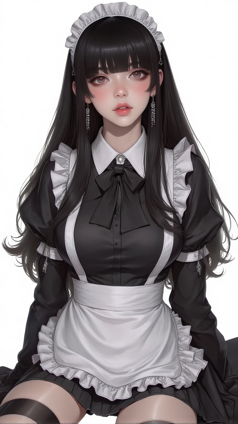 a woman dressed in a maid outfit is stunning. She is wearing a black and white maid outfit,  adorned with a black bow tie,...