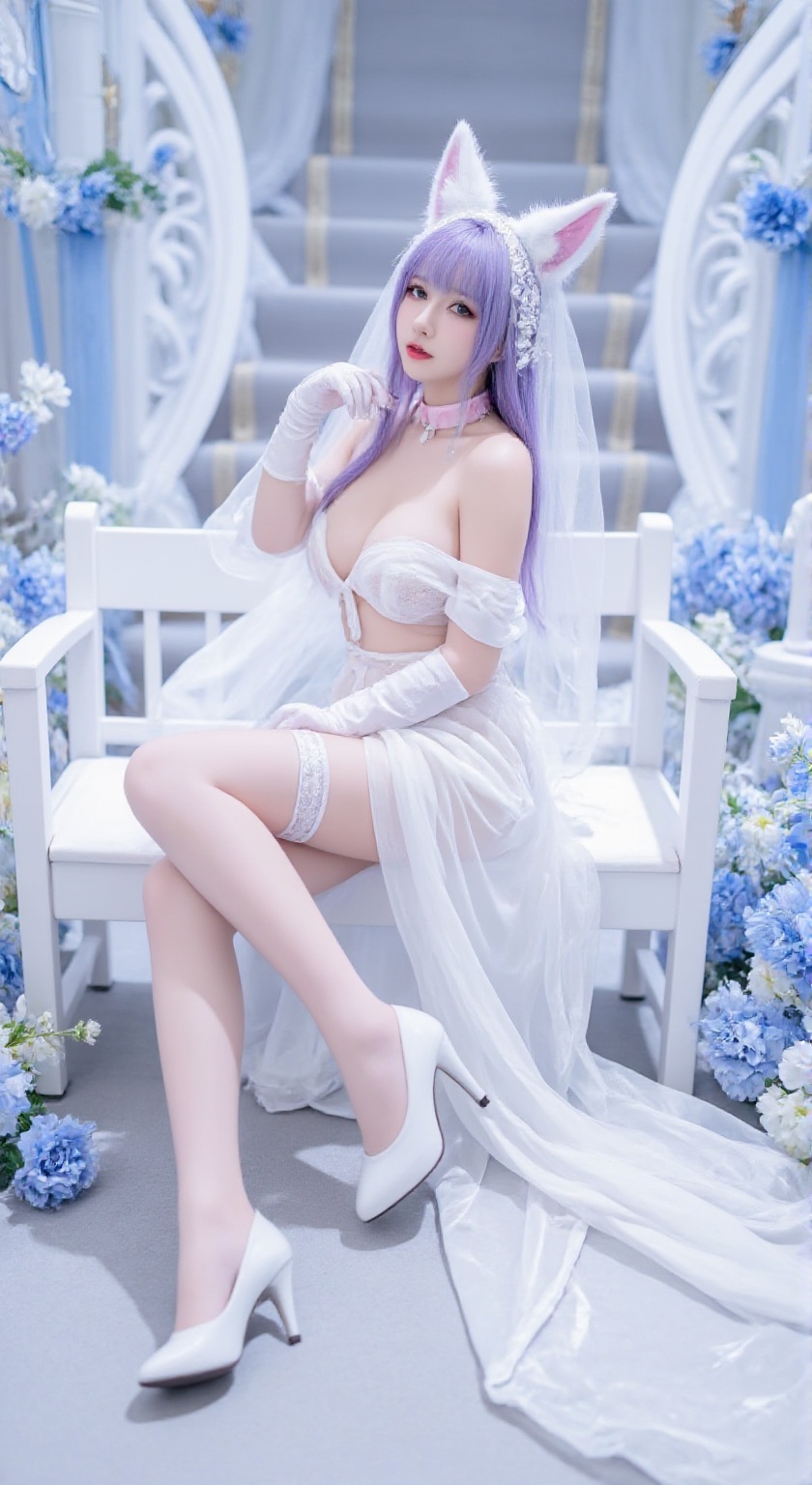 A photo-realistic shoot from the side about a woman in a white wedding dress with a veil and fox ears,  surrounded by flow...