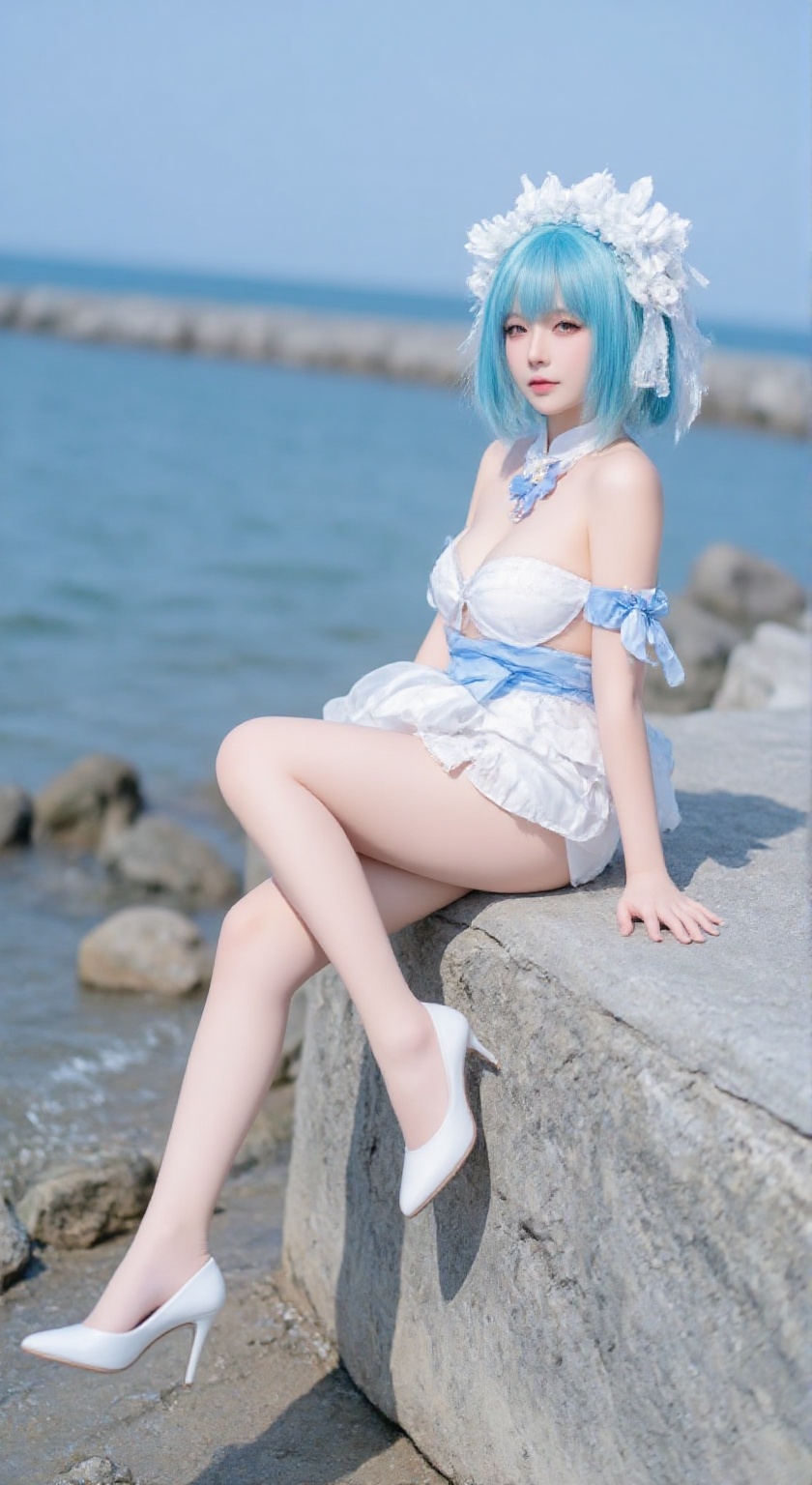 A photo-realistic shoot from the side about a young woman sitting on a rock by the ocean,  wearing a white and blue outfit...