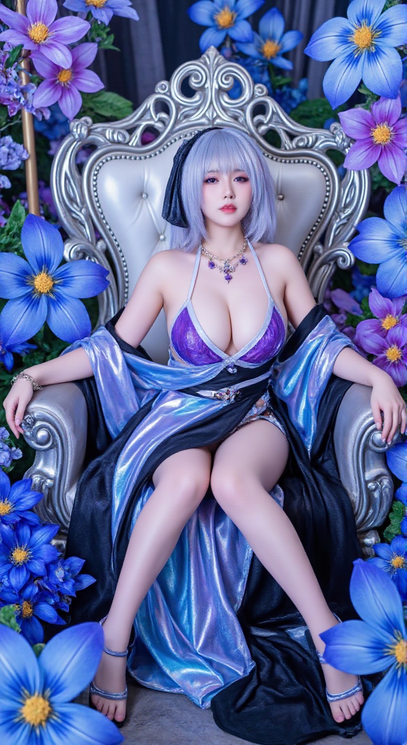 The image depicts a character sitting on a metallic chair with intricate designs. The character is dressed in a futuristic...