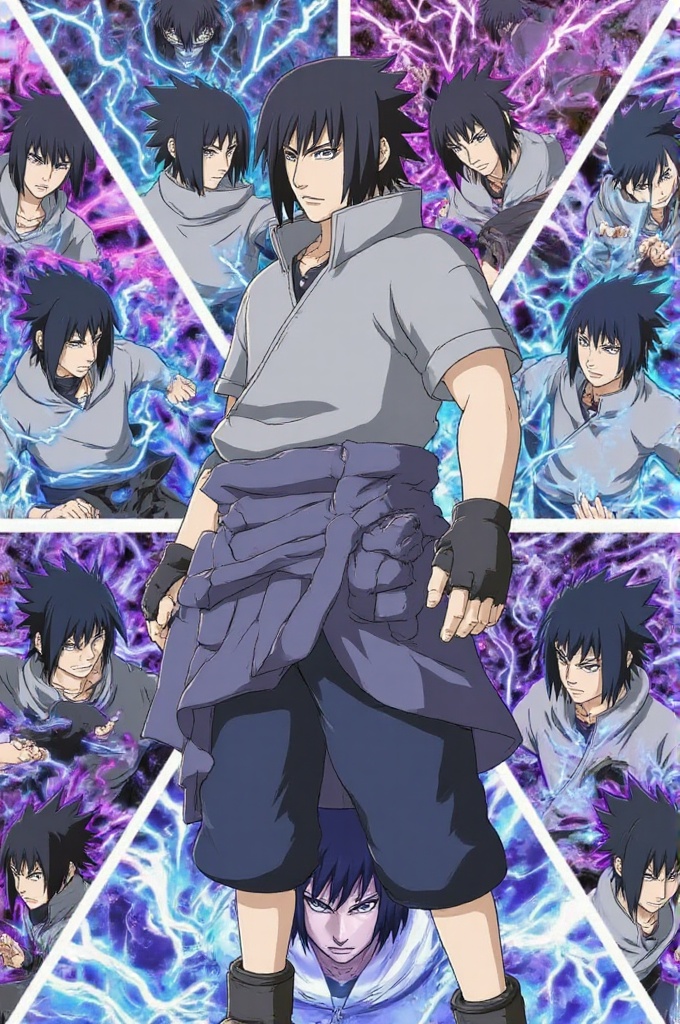 sasuke_collage,  Sasuke Uchiha collage with Sharingan and Rinnegan,  dark blue and purple energy lightning on Tensor.Art