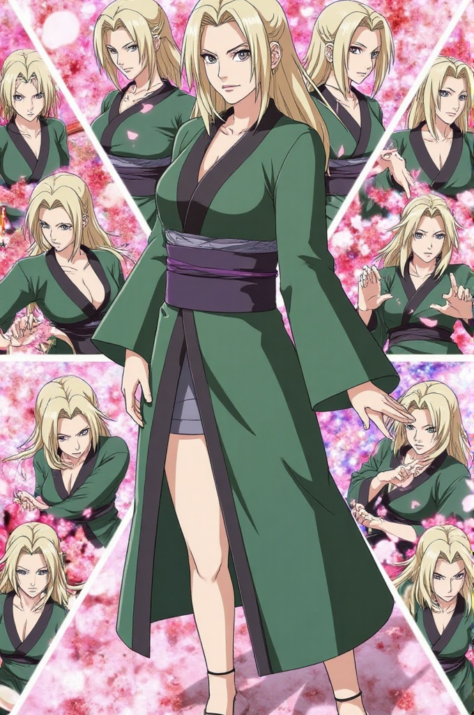 tsunade_collage,  sensual tsunade senju with big breast in multiple battle poses,  medical ninjutsu effects on Tensor.Art