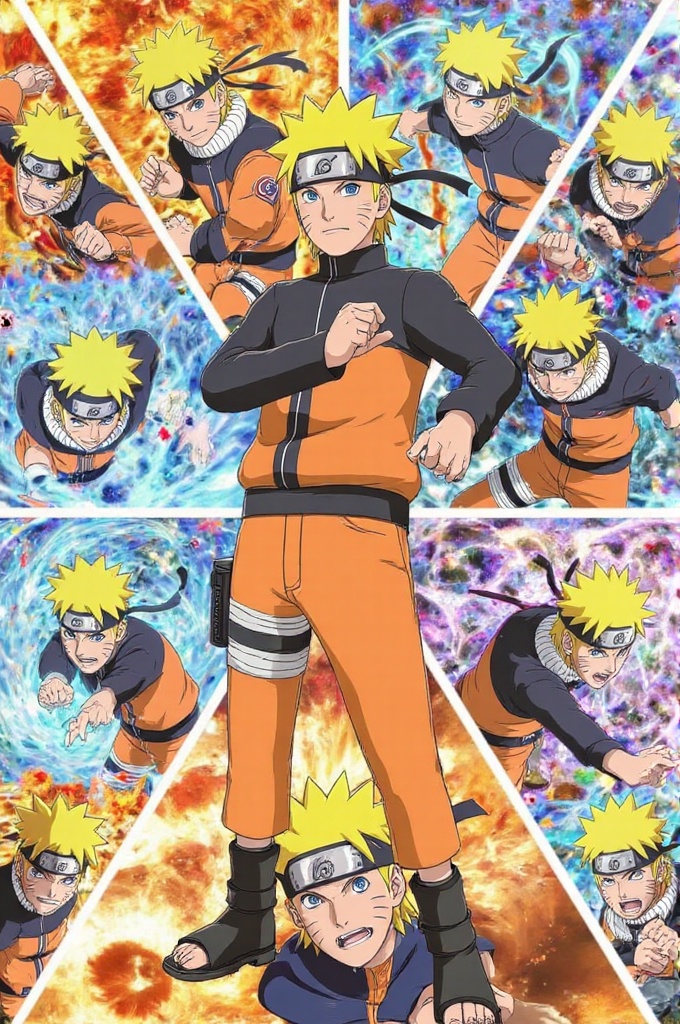 naruto_collage,  Naruto Uzumaki in various dynamic poses,  Rasengan glowing on Tensor.Art